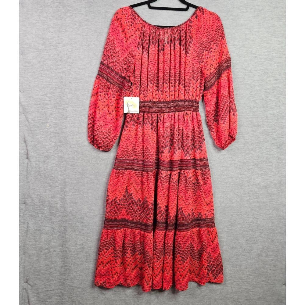 Fig & Flower Red Boho Midi Dress Smocked Waist Long Sleeve Women's Size M New